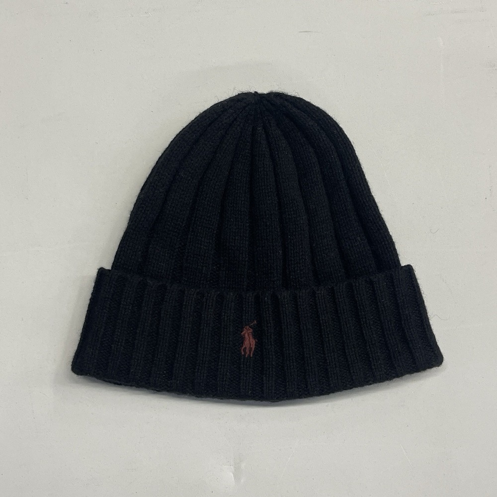 Polo Ralph Lauren Beanie Black Wool Blend Red Horse Logo Ribbed Men's One Size